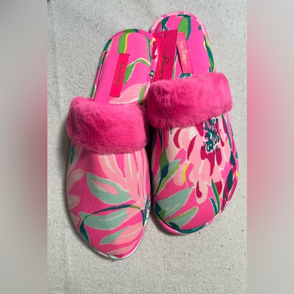 Lilly Pulitzer Pink and Green Floral Slippers, 9-10 - Picture 1 of 4